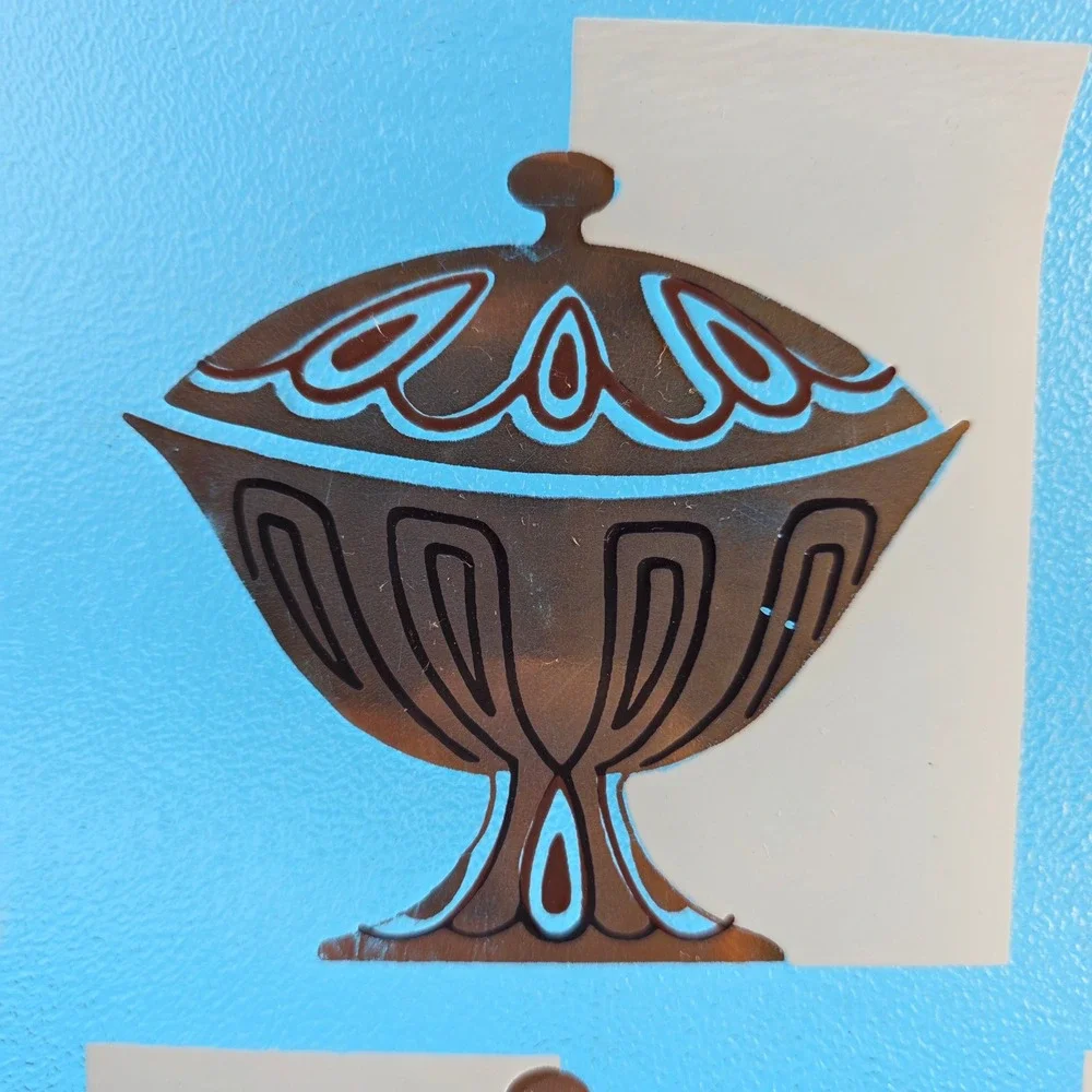 Vintage Mid Century Modern Glass Tray Teapot Coffee Carafe Gold Blue 10in Square